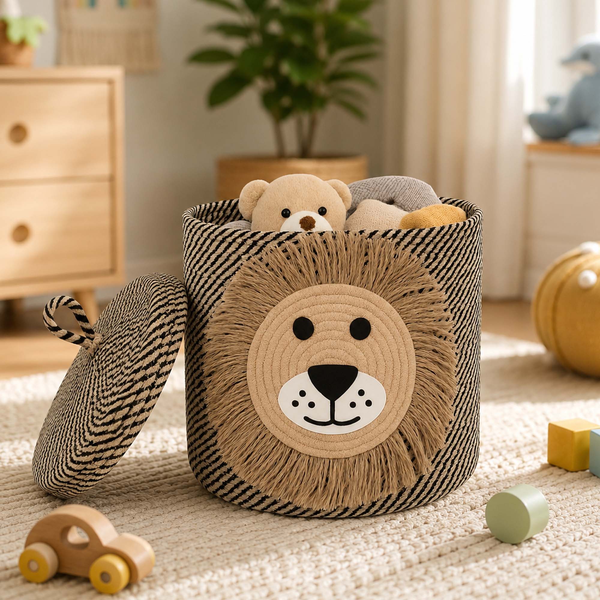 Go Hooked Cute Animal Face Rope Storage Basket with Lid for Kids | Premium Aqua Blue Cotton Rope Nursery Organizer for Toys, Baby Essentials, Bathroom & Home Décor | Soft & Durable Handcrafted Basket