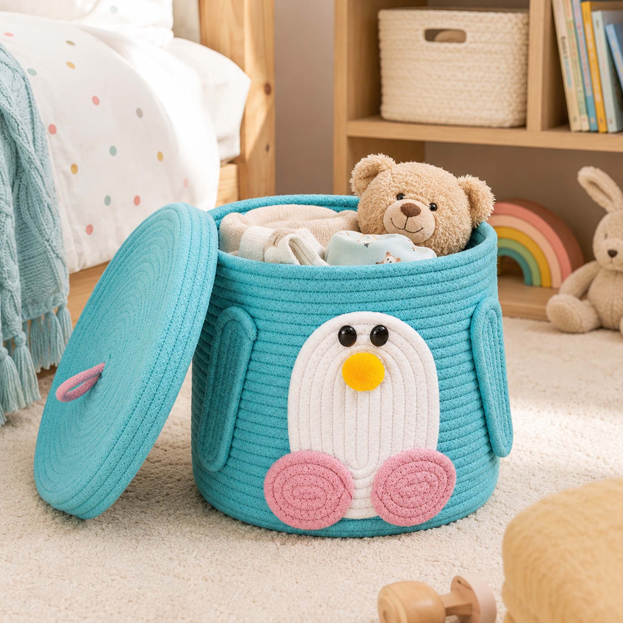 Go Hooked Cute Animal Face Rope Storage Basket with Lid for Kids | Premium Aqua Blue Cotton Rope Nursery Organizer for Toys, Baby Essentials, Bathroom & Home Décor | Soft & Durable Handcrafted Basket