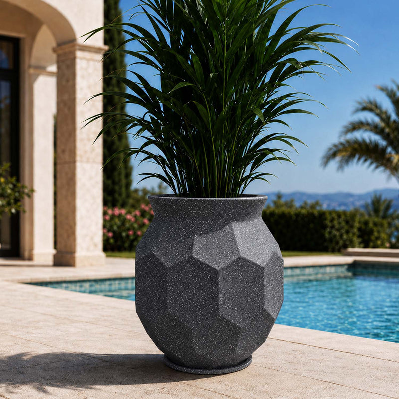 Go Hooked Rumion Large Planter Pot with Tray 18 Inch | Modern Geometric Faceted Finish | UV-Weather Resistant Decorative Plastic Planter for Home, Balcony, Office, Terrace & Garden