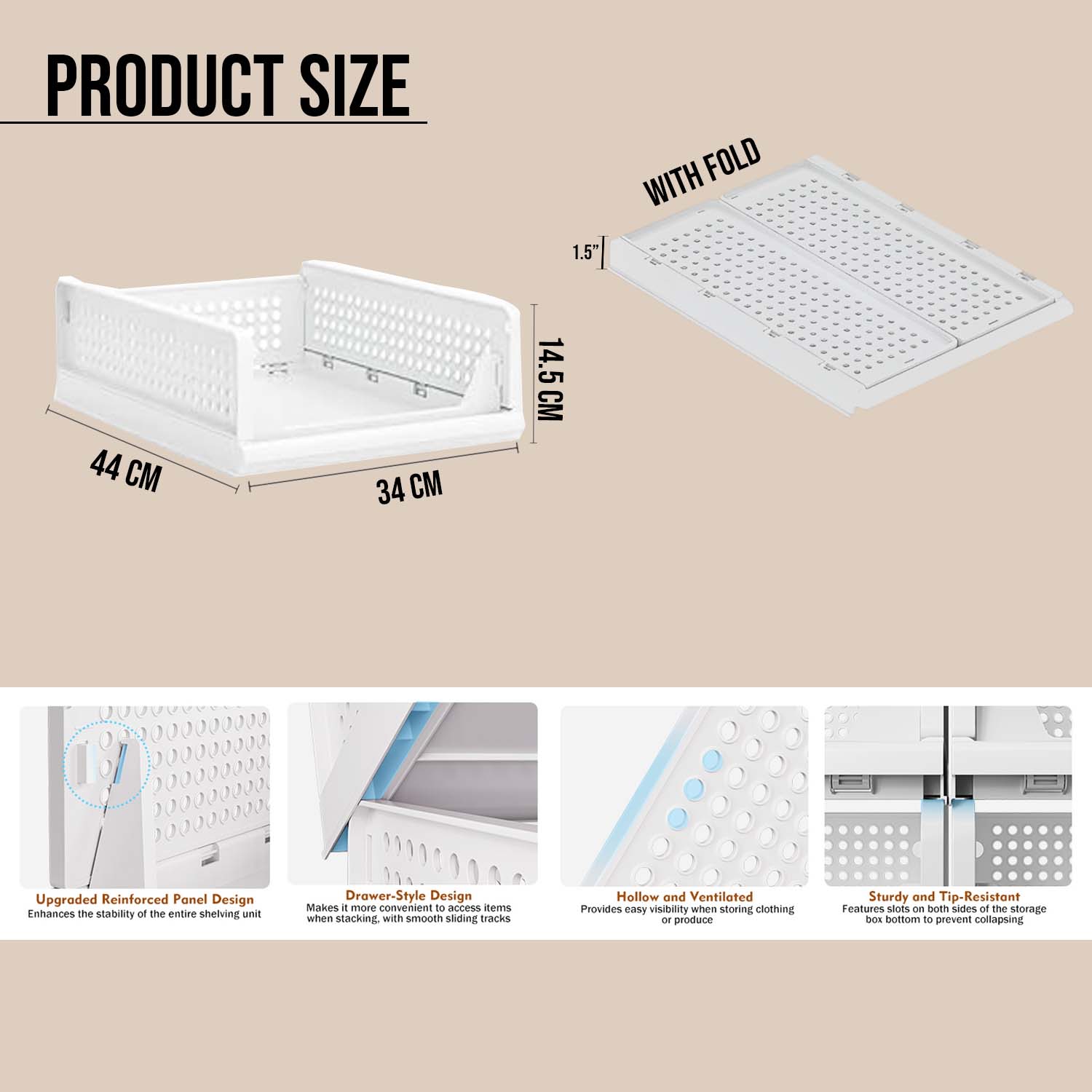 Go Hooked Foldable Wardrobe Organizer with Drawer Style Pull Out Design | Small (44x34x14.5 cm) Shelf Storage Box | Heavy Duty Plastic Shirt Stacker for Cupboard, Almirah & Closet | White