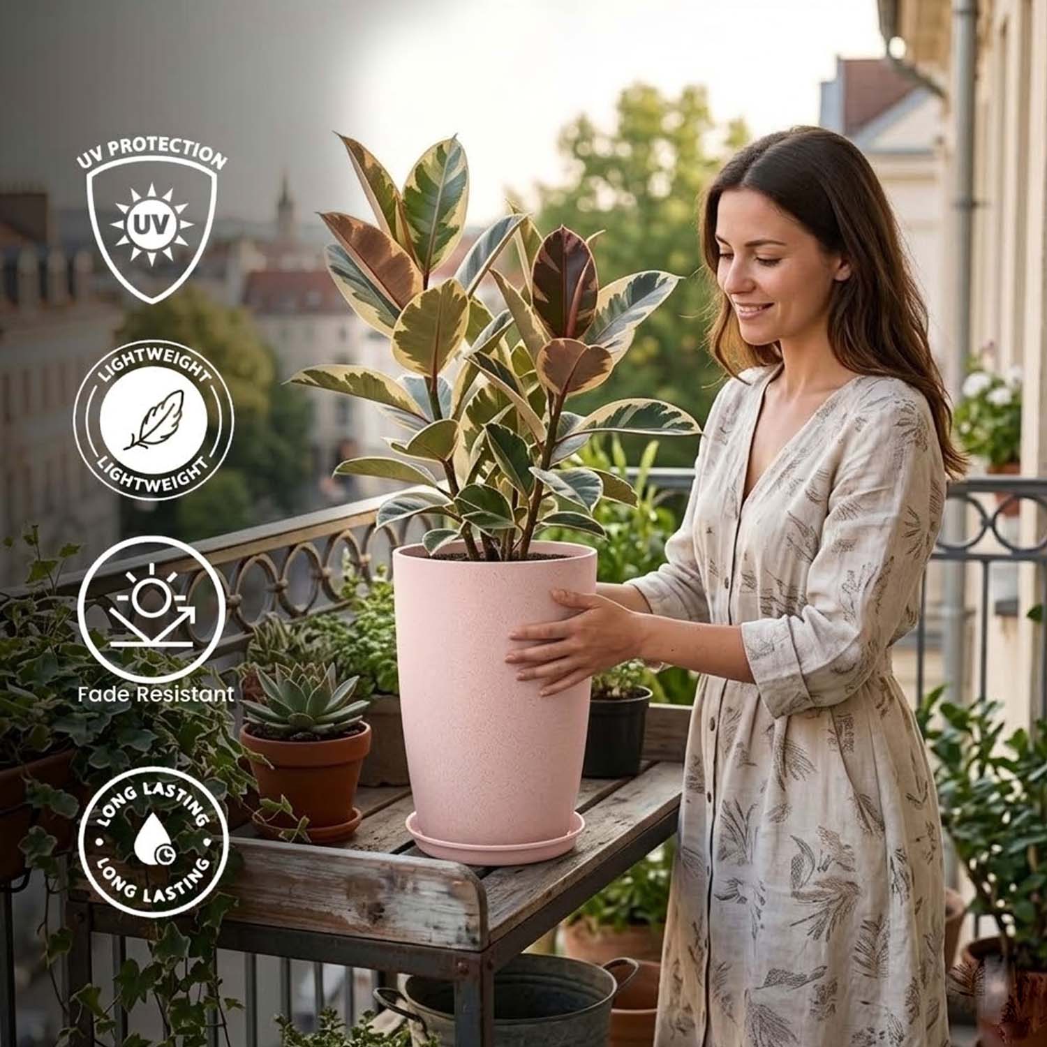 Go Hooked 18 Inch Tower Pots with Saucer Tray Planter - Lightweight, Premium Outdoor & Indoor Planters, Perfect for Balcony & Terrace Gardens (Pink, Pack of 1)