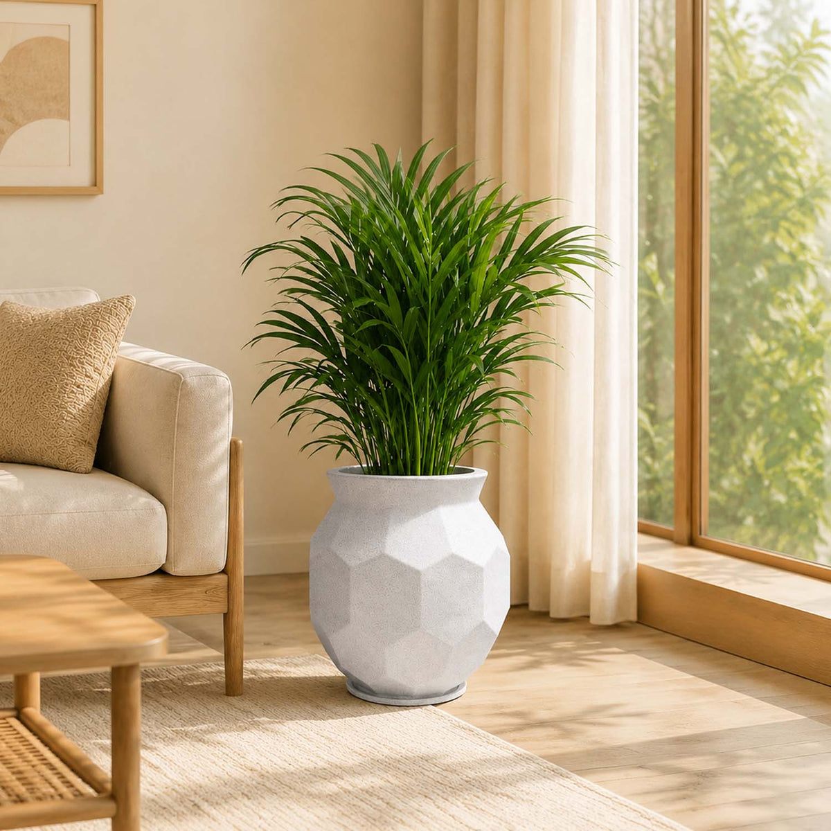 Go Hooked Rumion Large Planter Pot with Tray 18 Inch | Modern Geometric Faceted Finish | UV-Weather Resistant Decorative Plastic Planter for Home, Balcony, Office, Terrace & Garden