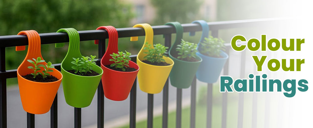 Go Hooked Double Hook Railing Planter |Hanging Flower Pot 12 Inches (Multicolor, Pack of 5)