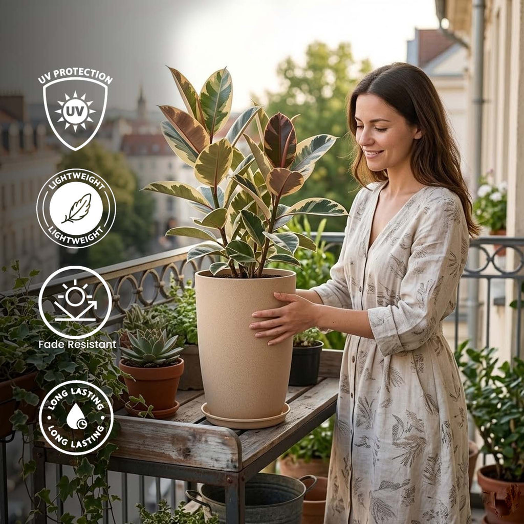 Go Hooked 18 Inch Tower Pots with Saucer Tray Planter - Lightweight, Premium Outdoor & Indoor Planters, Perfect for Balcony & Terrace Gardens (Brown, Pack of 4)