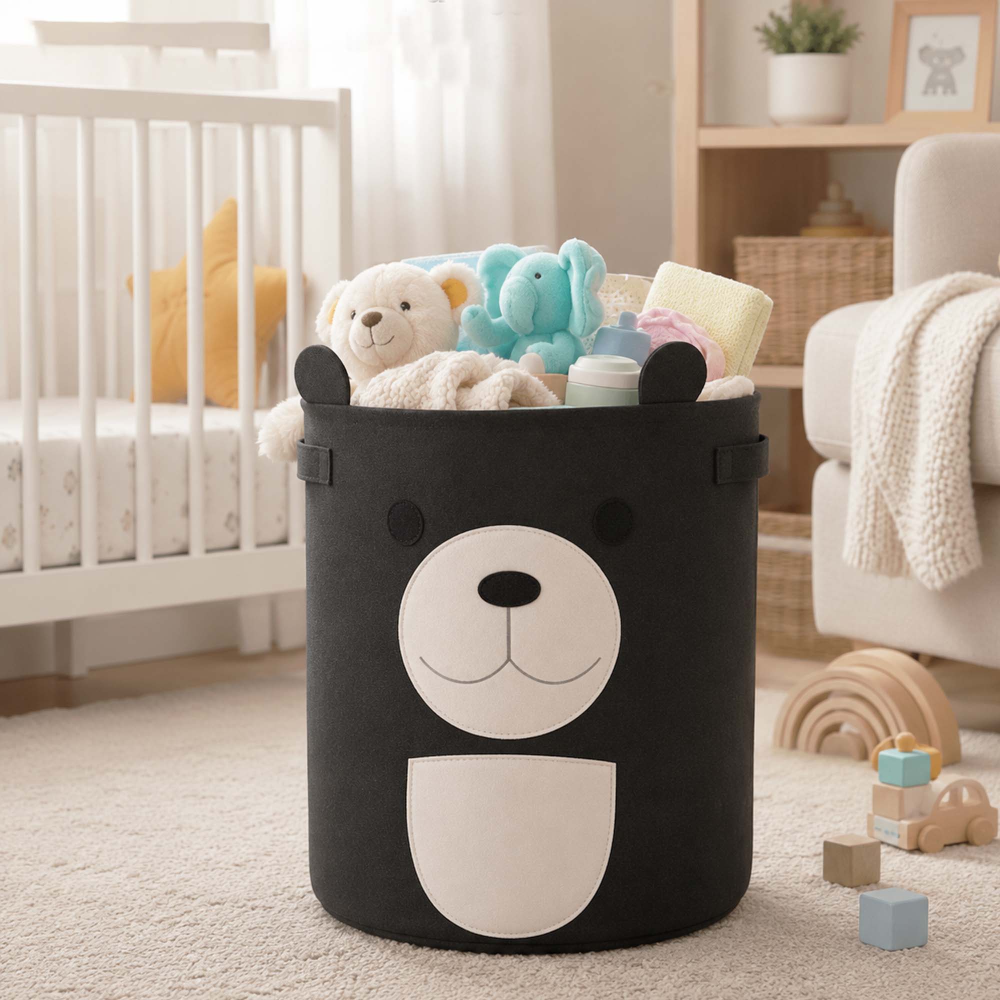 Go Hooked Felt Laundry Basket for Kids – Cute Bear Design | Large Toy Storage Basket for Baby Room | Nursery Organizer for Toys, Clothes & Blankets | Foldable Felt Storage Bin with Handles – Dark Grey