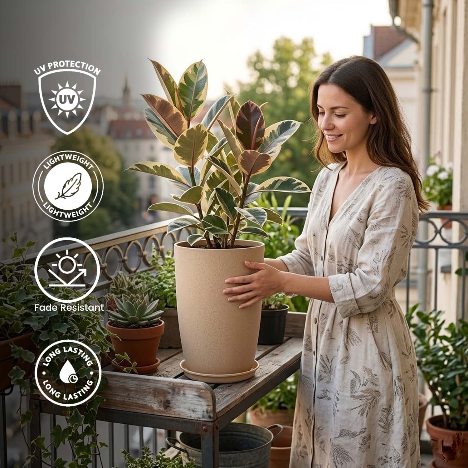 Go Hooked 18 Inch Tower Pots with Saucer Tray Planter - Lightweight, Premium Outdoor & Indoor Planters, Perfect for Balcony & Terrace Gardens (Brown, Pack of 1)
