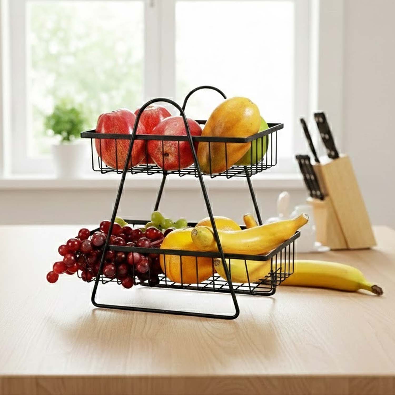 Go Hooked 2 Tier Metal Fruit Basket for Dining Table | Space Efficient Countertop Wire Storage Stand for Fruits, Vegetables & Bread | Strong Metal Vanity & Home Organizer with Compact Vertical Design