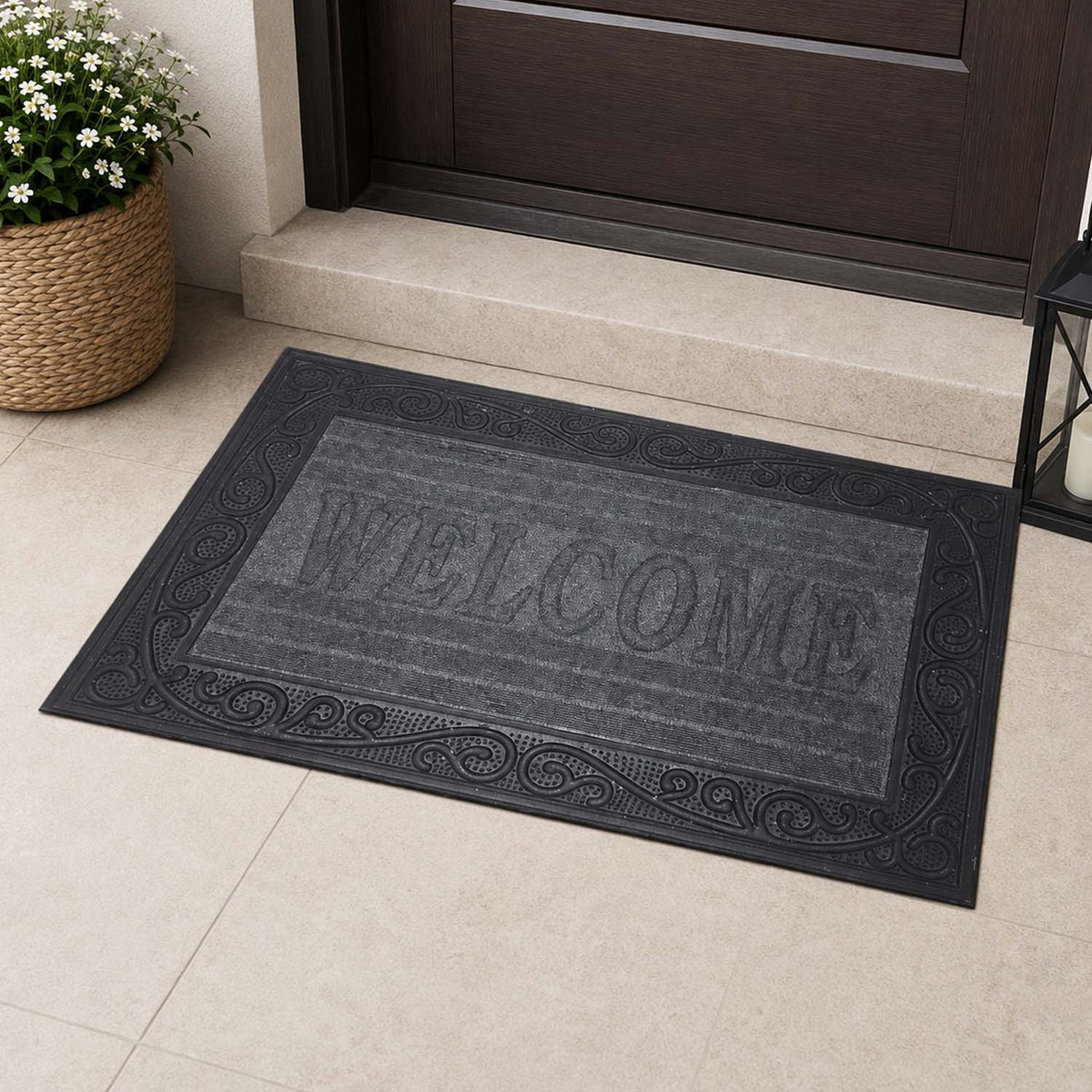 Go Hooked Welcome Rubber Door Mat 66x41 cm, Anti-Skid |6 mm Anti-Slip Floor Mat Heavy Duty Dust & Dirt Trapper Doormat for Home Entrance, Kitchen, Bathroom, Office Indoor Use