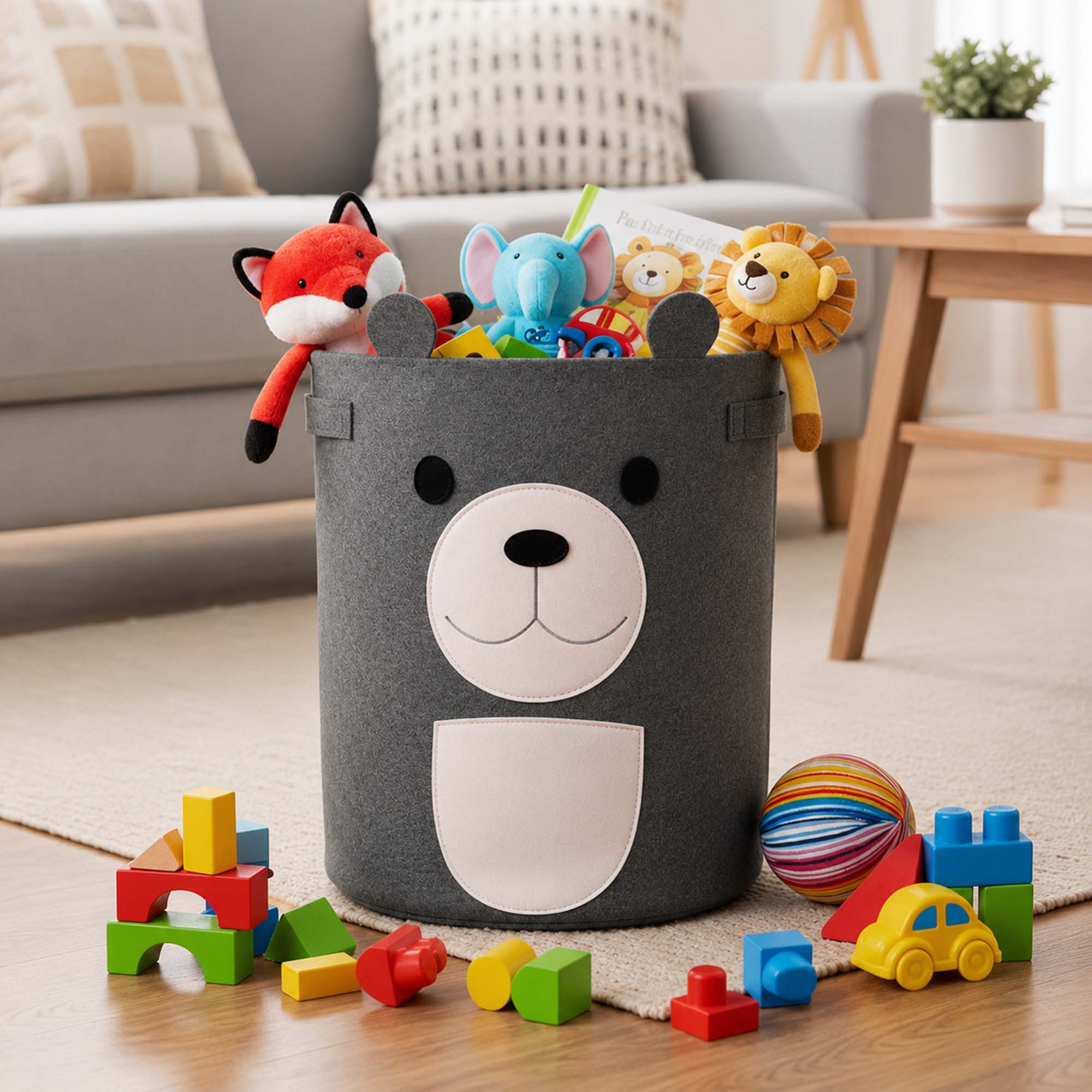 Go Hooked Felt Laundry Basket for Kids – Cute Bear Design | Large Toy Storage Basket for Baby Room | Nursery Organizer for Toys, Clothes & Blankets | Foldable Felt Storage Bin with Handles – Dark Grey