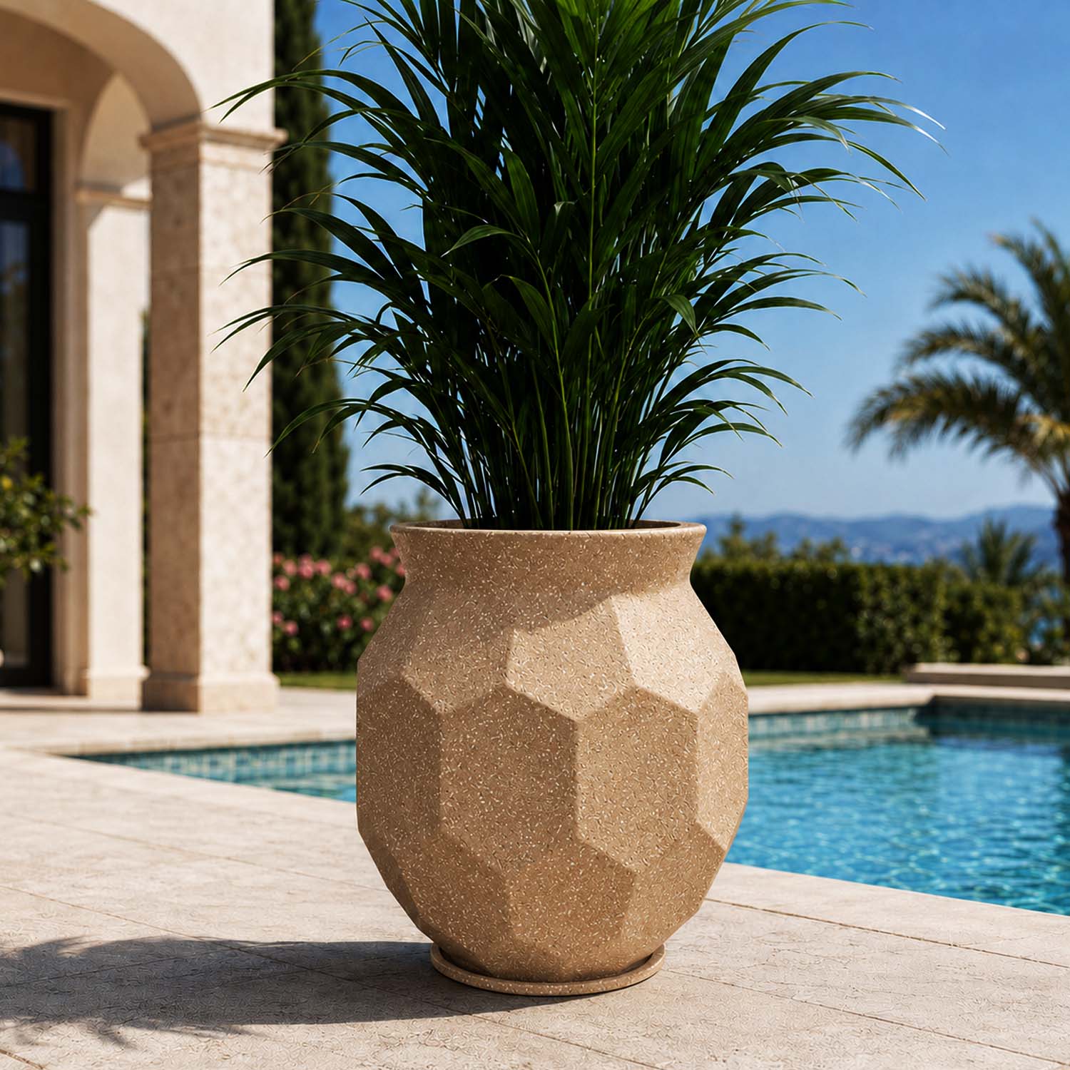 Go Hooked Rumion Large Planter Pot with Tray 18 Inch | Modern Geometric Faceted Finish | UV-Weather Resistant Decorative Plastic Planter for Home, Balcony, Office, Terrace & Garden