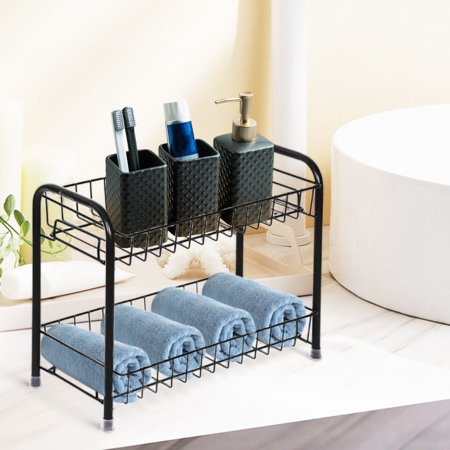 Go Hooked 2-Tier Metal Storage Rack | Multipurpose Storage Shelf Rack | Countertop Shelf Organizer | Spice Rack Organizer | Heavy-Duty Metal Shelf for Spices, Toiletries, & Home DÃ©cor (Black)