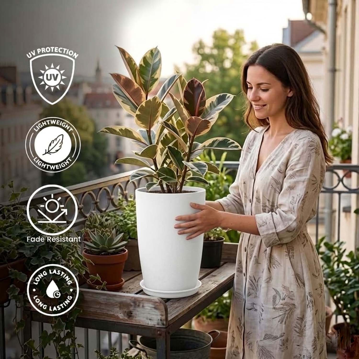 Go Hooked 18 Inch Tower Pots with Saucer Tray Planter - Lightweight, Durable Outdoor & Indoor Planters, Perfect for Balcony & Terrace Gardens (White, Pack of 3)