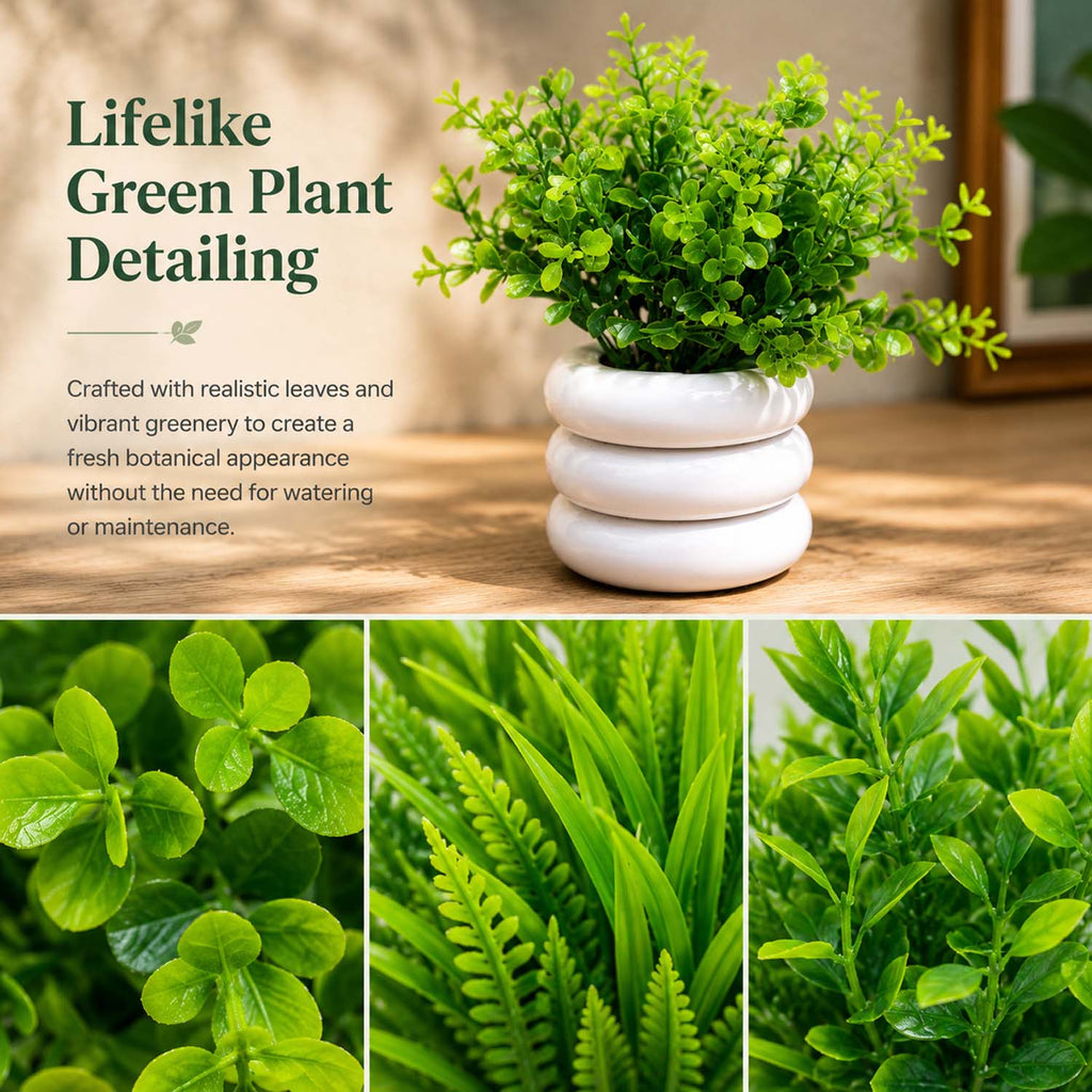 Bianco Artificial Mini Plant (7 Pack) | Small Faux Plants Home & Office Decor, Living Room, Bedroom, Tabletop & Shelves | Small Potted Plants | Stylish Round Pot