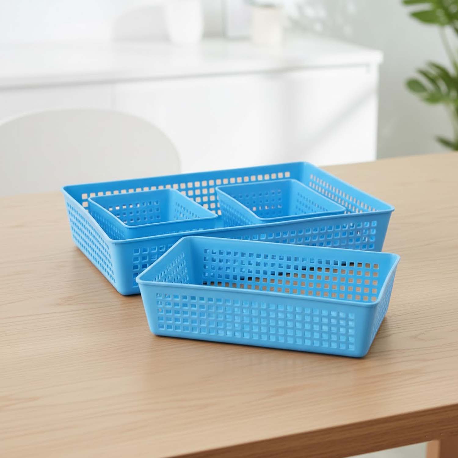 Go Hooked Multipurpose Plastic Storage Basket 4-Piece Set – Large, Medium & Small | Breathable, Durable Multipurpose Organizer Bins for Drawers, Shelves, Toys, Toiletries & Office Supplies – Blue