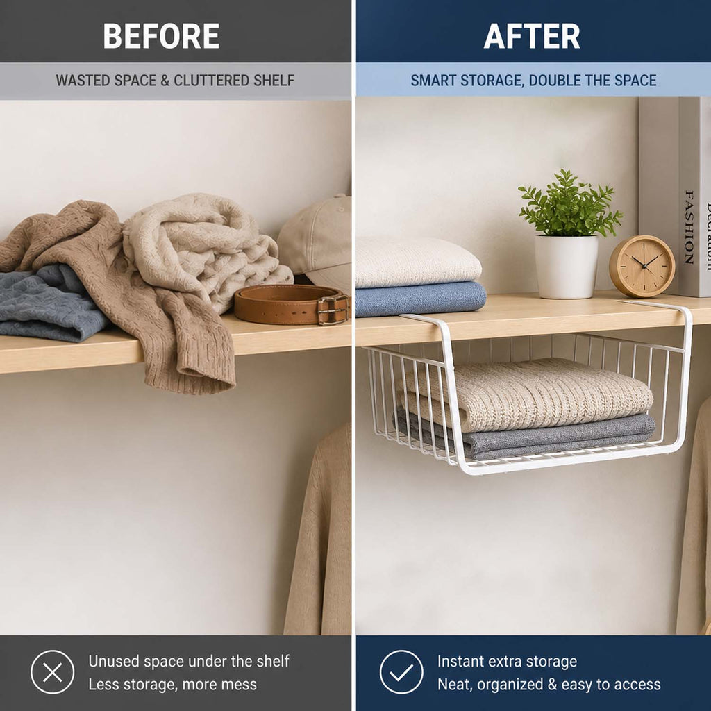Go Hooked Multipurpose Under Shelf Basket/Coated Iron Under Cabinet Storage Organizer Rack Shelf/Under shelf Organizer Rack For Kitchen, Bedroom (Combo, Pack of 3) (1 Pc - 12" & 2 Pcs - 16") (Silver)
