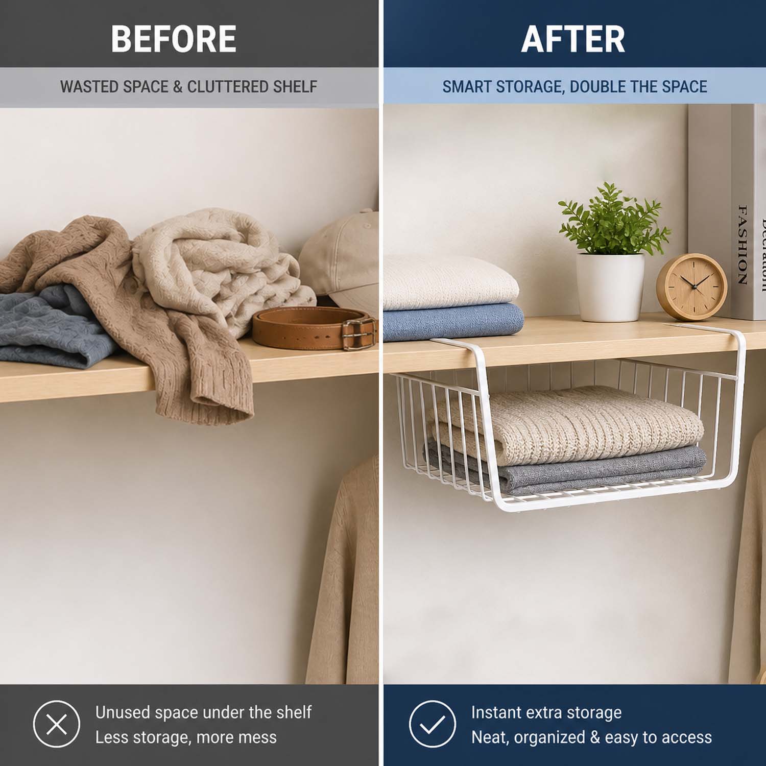 Go Hooked 16 Inch Undershelf Storage Basket Pack of 1 | Multipurpose Under Shelf Organizer | Hanging Wire Basket for Cabinet, Shelf, Pantry, Cupboard, Closet, Desk, and Bathroom (White)
