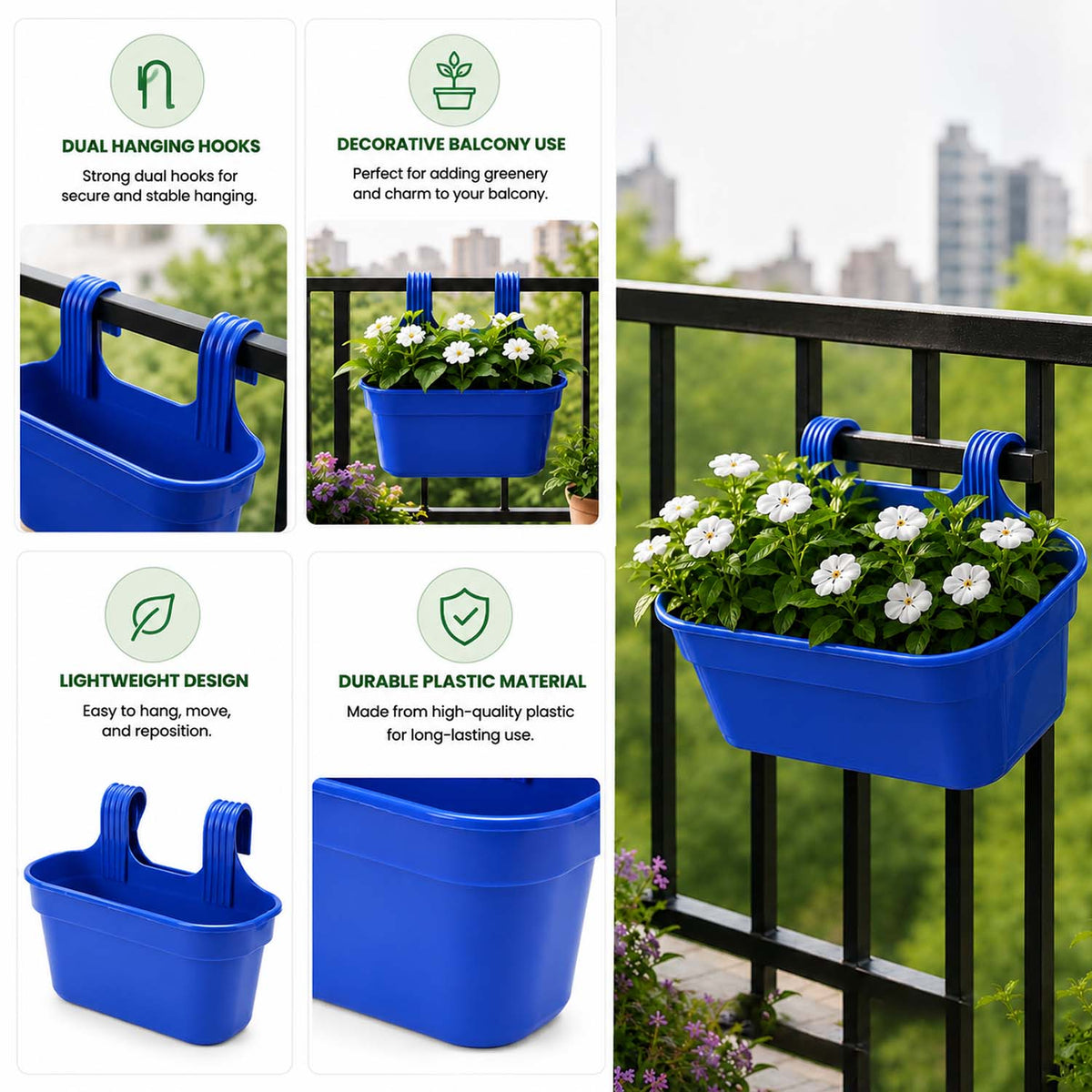Go Hooked 12 Inch Plastic Railing Hanging Planter Pot  Rectangular Flower Pots with Double Hook for Garden Fence Balcony Indoor Outdoor Home Décor | Durable Plant Container