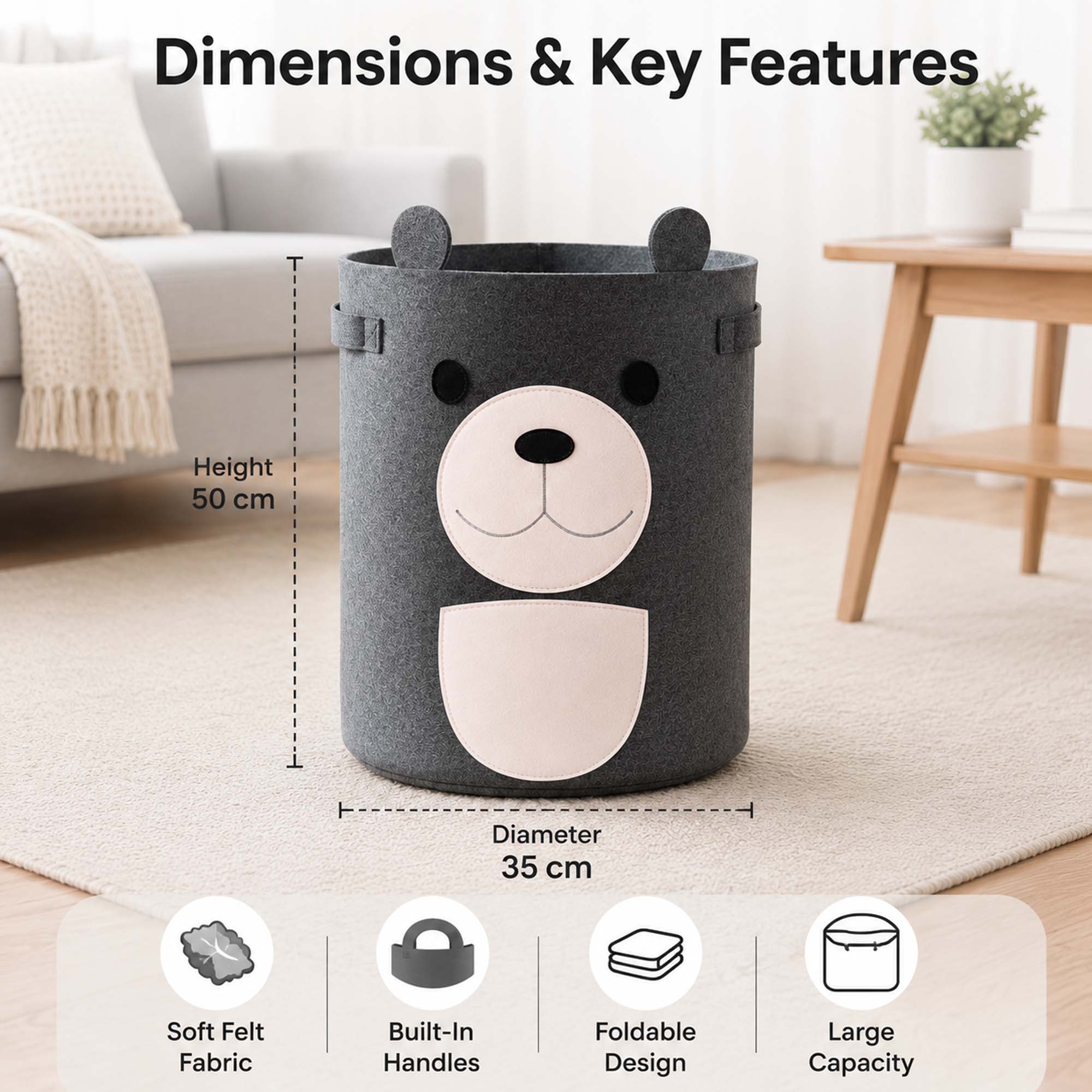 Go Hooked Felt Laundry Basket for Kids – Cute Bear Design | Large Toy Storage Basket for Baby Room | Nursery Organizer for Toys, Clothes & Blankets | Foldable Felt Storage Bin with Handles – Dark Grey