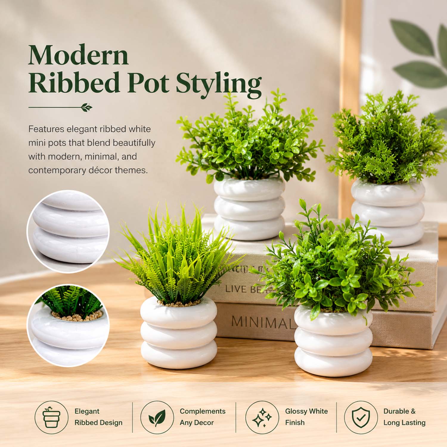 Go Hooked Artificial Mini Plant (4 Pack) | Small Faux Plants Home & Office Decor, Living Room, Bedroom, Tabletop & Shelves | Small Potted Plants | Stylish Round Pot