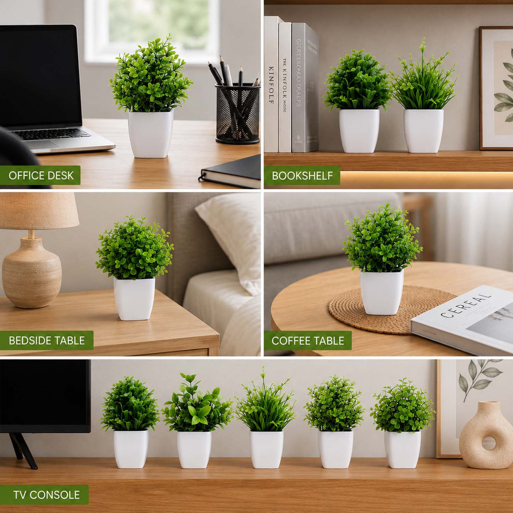 Go Hooked Artificial Plants Small, Mini Artificial Plants Indoor for Home Farmhouse Bathroom Shelf Décor Height 17CM Green and White 9 (Design May Vary)