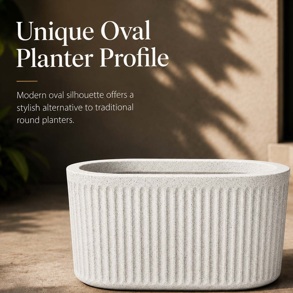 Go Hooked Large Oval Planter Pot (24x12) Inch | Aurelia Modern Ribbed Marble White Texture Finish | UV & Weather Resistant Decorative Floor Planter for Balcony, Patio, Terrace, Garden & Entrance