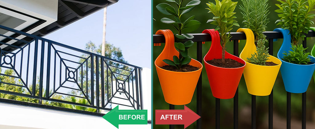 Go Hooked Double Hook Railing Planter |Hanging Flower Pot 12 Inches (Multicolor, Pack of 5)