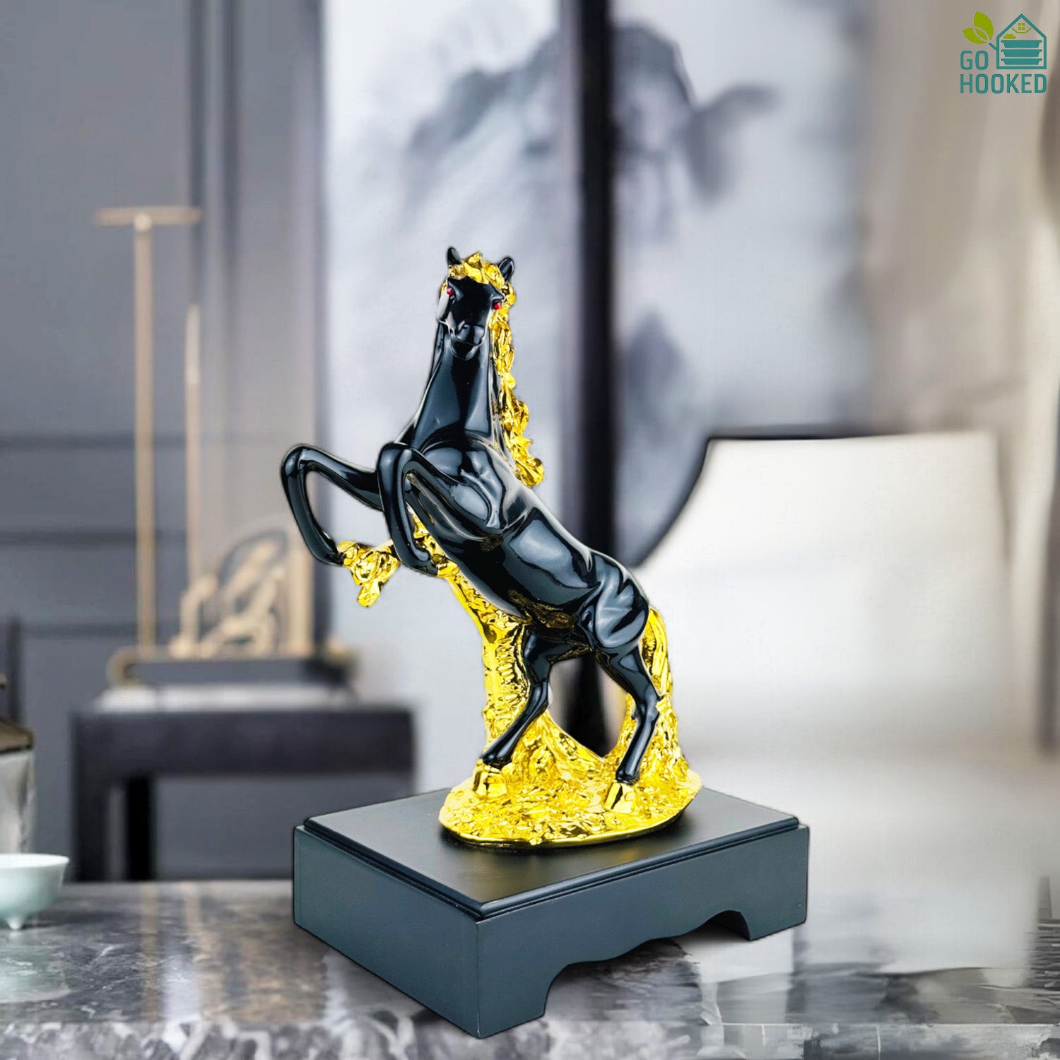 Go Hooked Rearing Horse Statue Feng Shui Victory & Success Polyresin Figurine with Gold Accents 30 Cm | Galloping Horse Vastu-Approved Stallion for Wealth, Career Growth Home Office Décor (Matt Black)