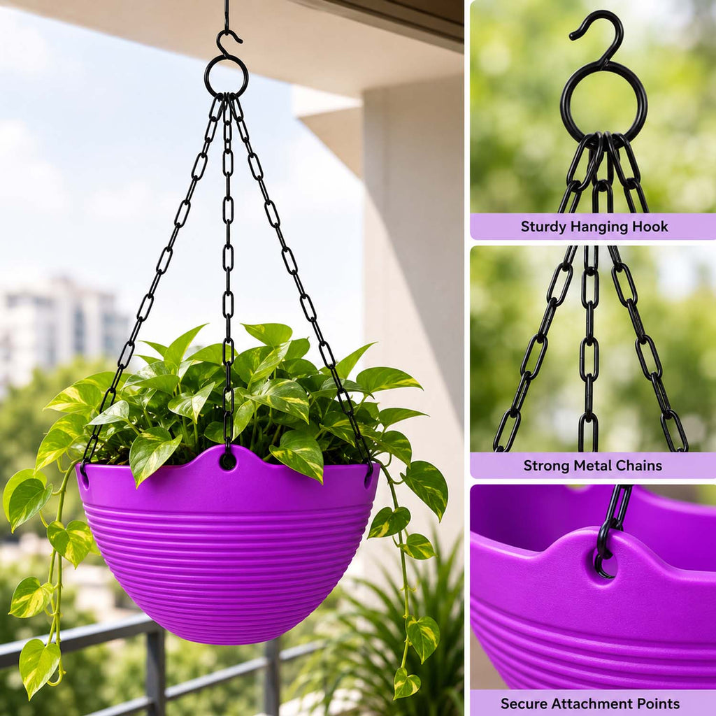 ViMe Plastic Marvel Hanging Pots, Hanging Planters with Metal Hanging Chain - Pack of 3 (7.3 Inch)