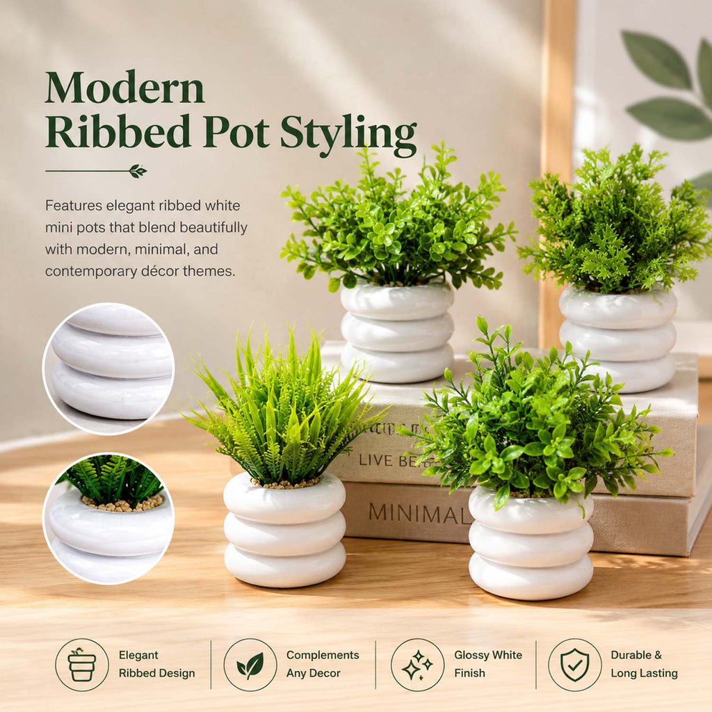 Bianco Artificial Mini Plant (7 Pack) | Small Faux Plants Home & Office Decor, Living Room, Bedroom, Tabletop & Shelves | Small Potted Plants | Stylish Round Pot
