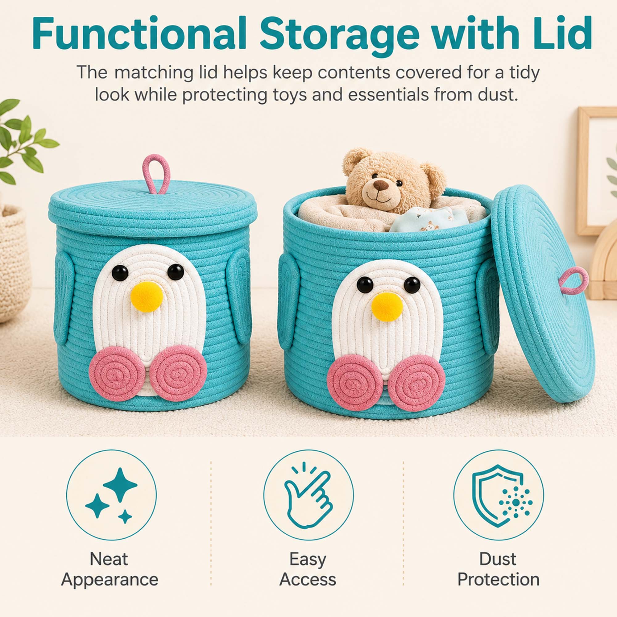 Go Hooked Cute Animal Face Rope Storage Basket with Lid for Kids | Premium Aqua Blue Cotton Rope Nursery Organizer for Toys, Baby Essentials, Bathroom & Home Décor | Soft & Durable Handcrafted Basket