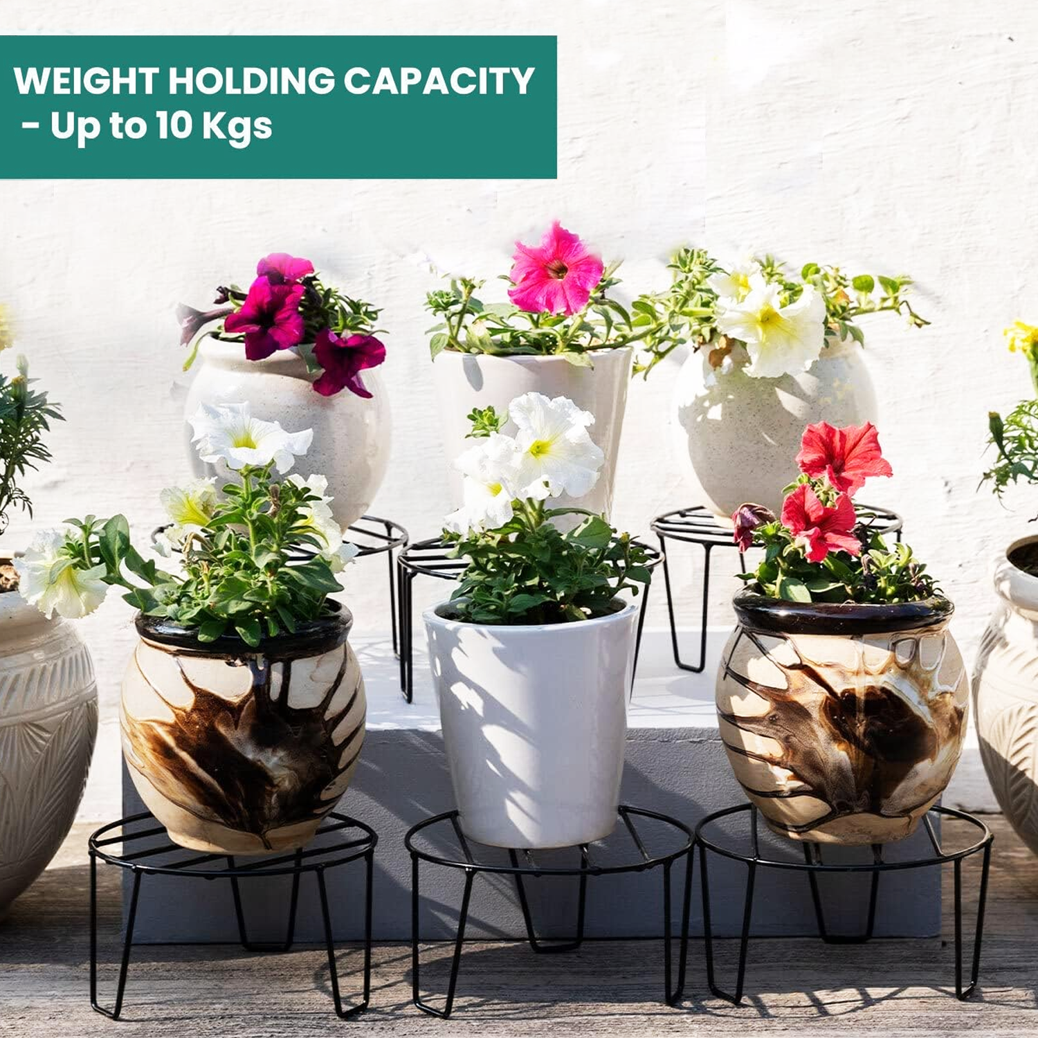 Go Hooked Flower Pot Stand for Balcony | Gamla Stand | Plant Stand for Indoor Living Room | Planter Stand (Black, Pack of 6)