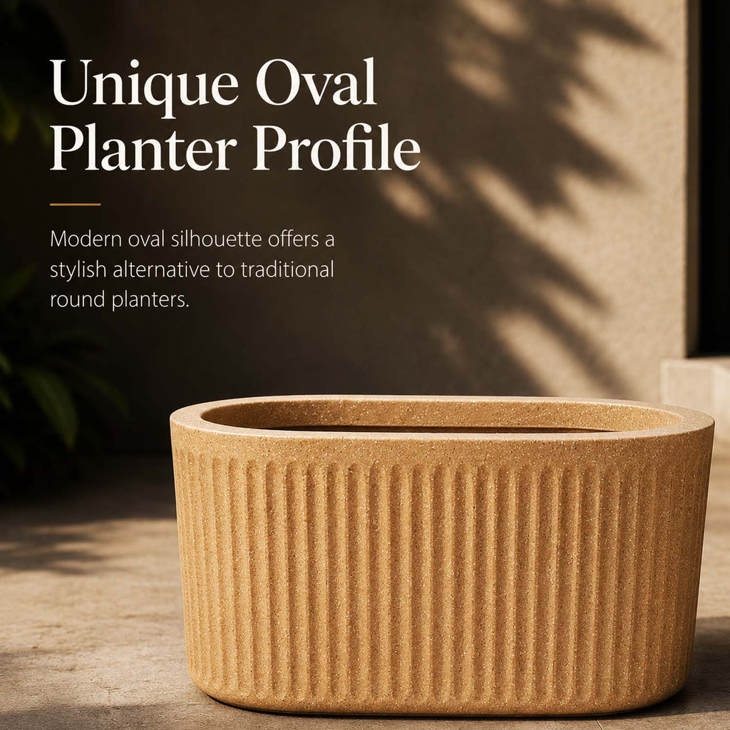 Go Hooked Large Oval Planter Pot (24x12) Inch | Aurelia Modern Ribbed Sandstone Texture Finish | UV & Weather Resistant Decorative Floor Planter for Balcony, Patio, Terrace, Garden & Entrance