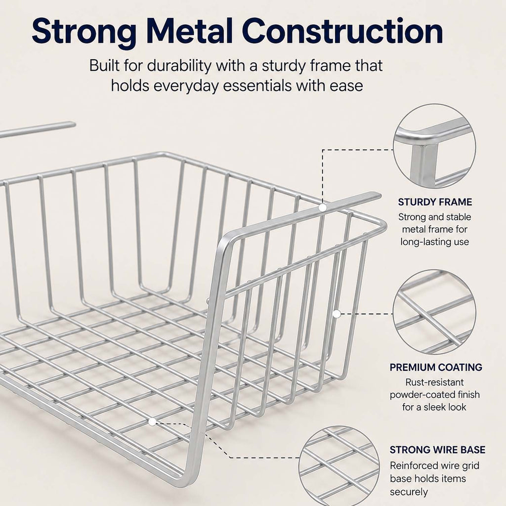 VIMIFORYOU Multipurpose 16 Inch Under Shelves Basket for Extra Cabinet Storage Undershelf Wire Basket For Kitchen, Bedroom, Study Room- Pack of 1 (Coated Iron, Silver)