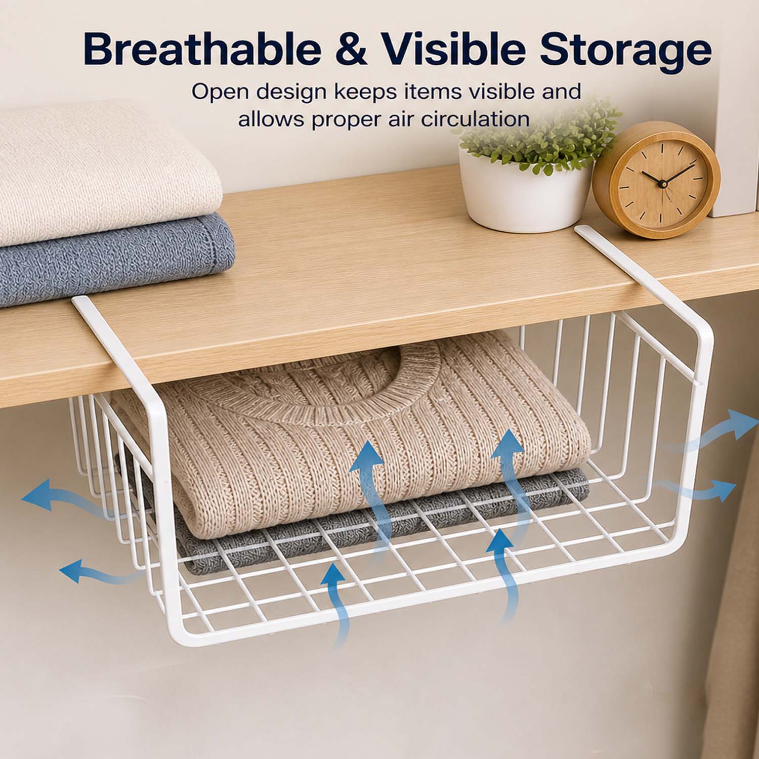 BIANCO 16 Inch Undershelf Storage Basket Pack of 3 | Multipurpose Under Shelf Organizer | Hanging Wire Basket for Cabinet, Shelf, Pantry, Cupboard, Closet, Desk, and Bathroom (White)