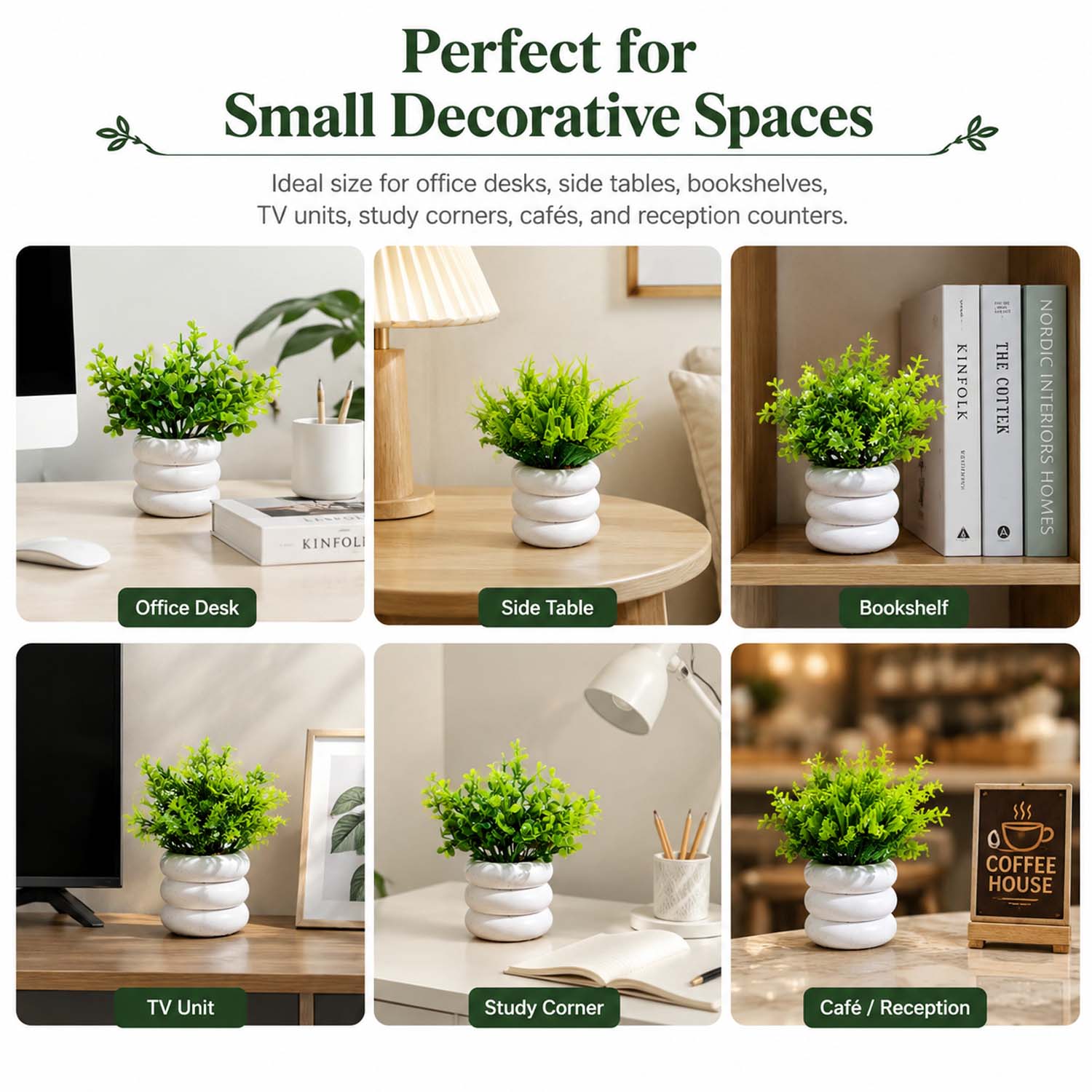 Bianco Artificial Mini Plant (3 Pack)| Small Faux Plants Home & Office Decor, Living Room, Bedroom, Tabletop & Shelves | Small Potted Plants | Stylish Round Pot