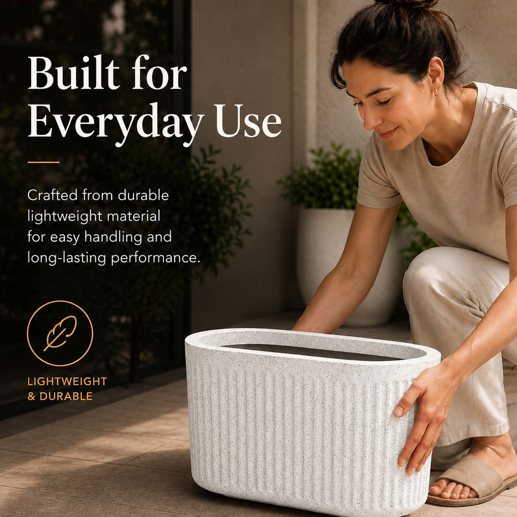 Go Hooked Large Oval Planter Pot (30x15) Inch | Aurelia Modern Ribbed Marble White Texture Finish | UV & Weather Resistant Decorative Floor Planter for Balcony, Patio, Terrace, Garden & Entrance