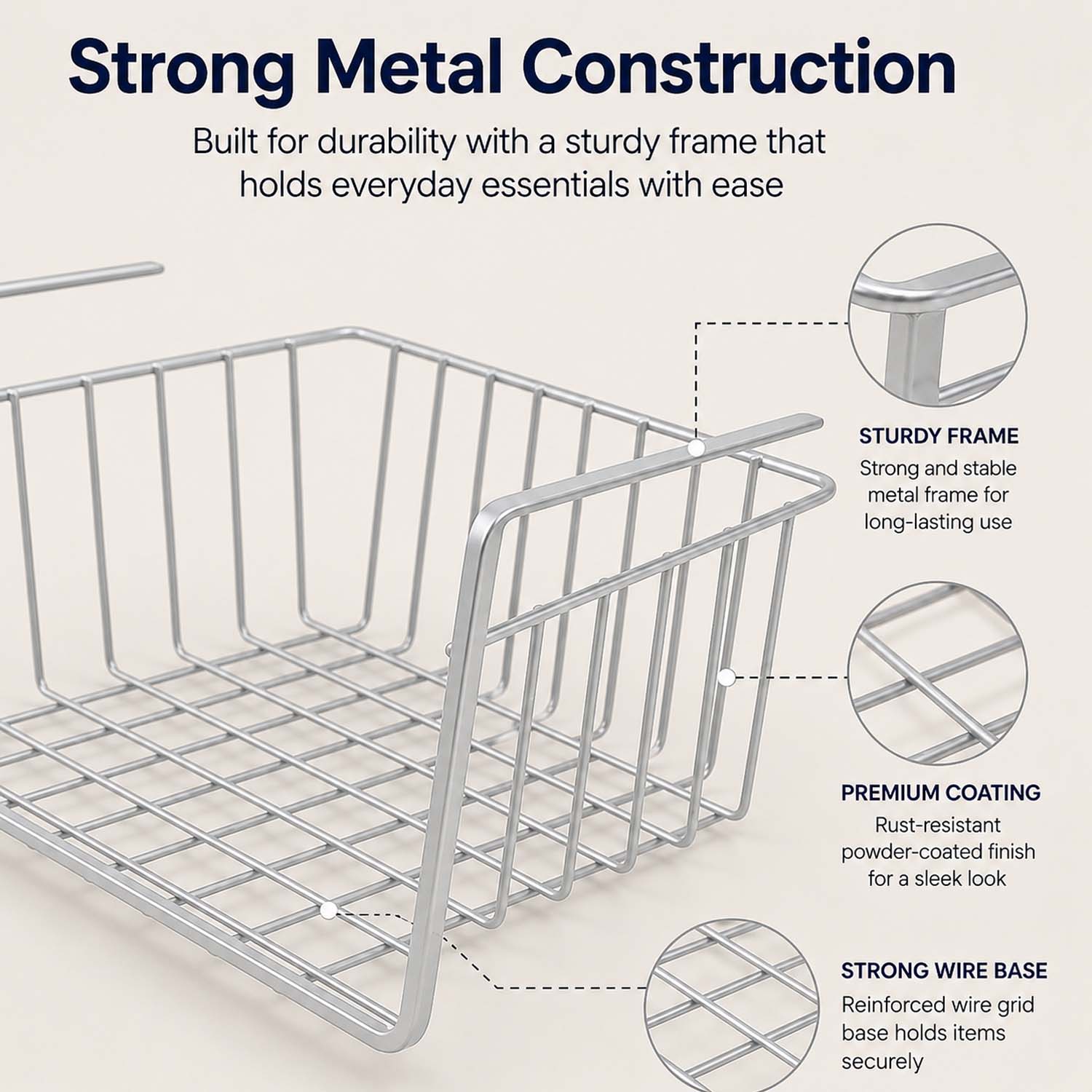 Go Hooked ViMeÂ® Multipurpose Under Shelf Basket/Powder Coated Iron Cabinet Organiser/Storage Rack for Kitchen, Bedroom, Office (Silver, 16")