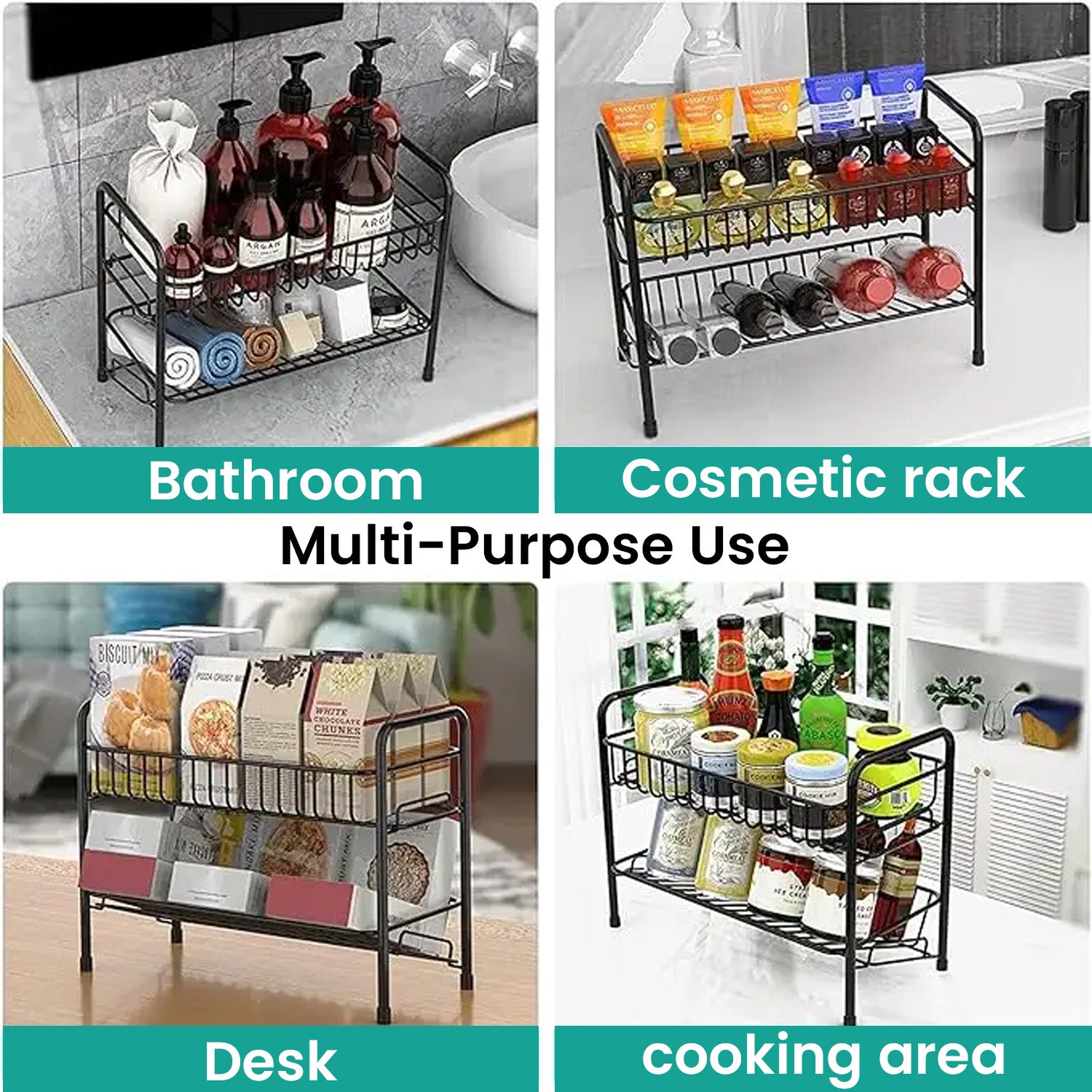 Go Hooked 2-Tier Metal Storage Rack | Multipurpose Storage Shelf Rack | Countertop Shelf Organizer | Spice Rack Organizer | Heavy-Duty Metal Shelf for Spices, Toiletries, & Home DÃ©cor (Black)
