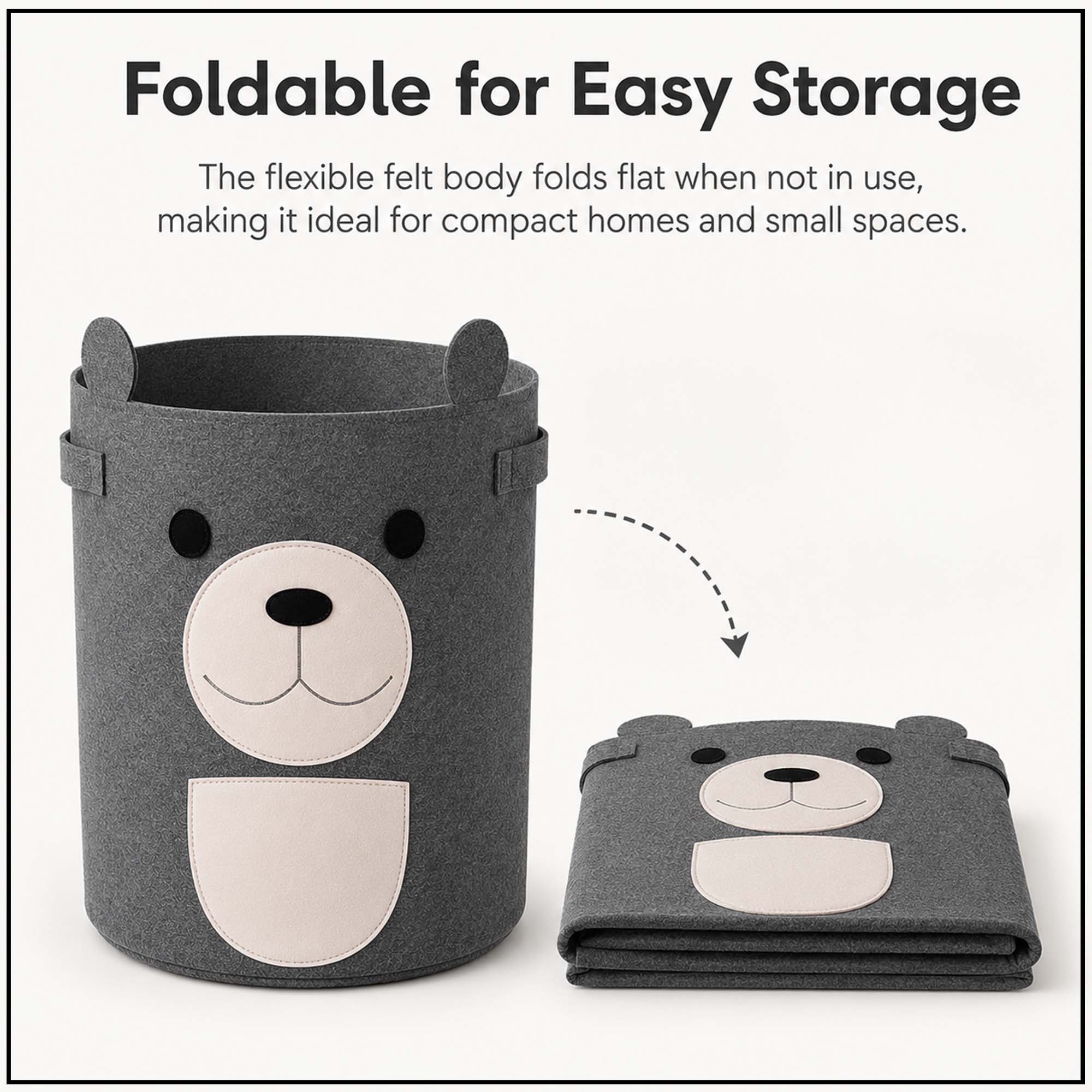 Go Hooked Felt Laundry Basket for Kids – Cute Bear Design | Large Toy Storage Basket for Baby Room | Nursery Organizer for Toys, Clothes & Blankets | Foldable Felt Storage Bin with Handles – Dark Grey