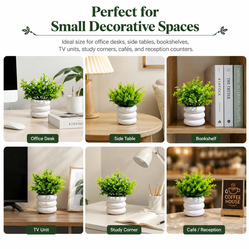Bianco Artificial Mini Plant (7 Pack) | Small Faux Plants Home & Office Decor, Living Room, Bedroom, Tabletop & Shelves | Small Potted Plants | Stylish Round Pot