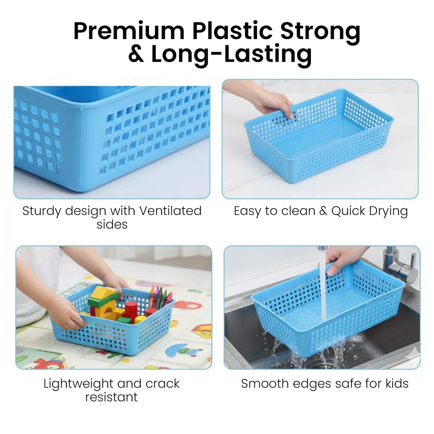 Go Hooked Multipurpose Plastic Storage Basket 4-Piece Set – Large, Medium & Small | Breathable, Durable Multipurpose Organizer Bins for Drawers, Shelves, Toys, Toiletries & Office Supplies – Blue