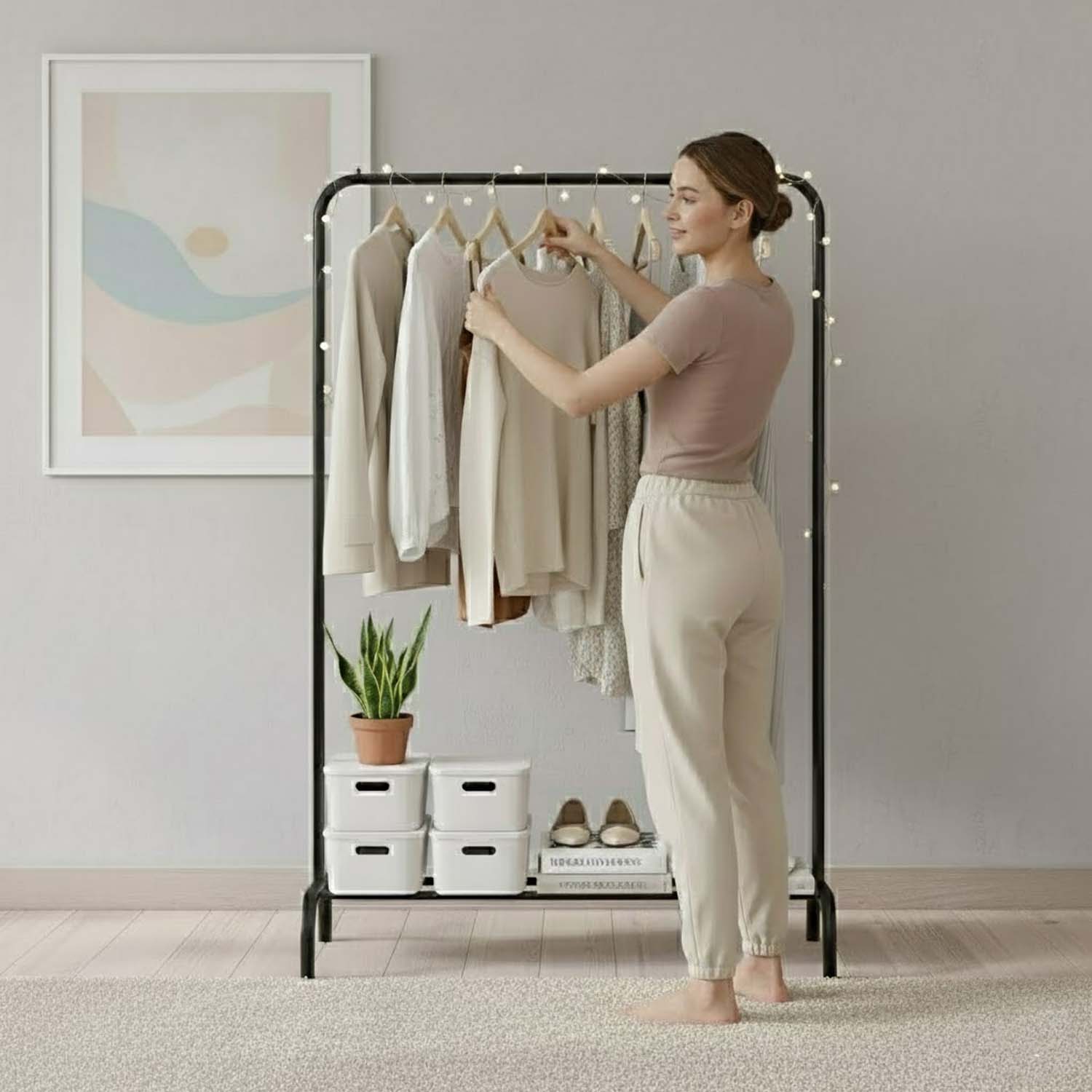 Go Hooked Heavy Duty Garment Rack for Clothes with Hooks & Bottom Shelf 57 Inch| Metal Clothing Stand for Bedroom, Hallway & Laundry | Portable Clothes Organizer Rack