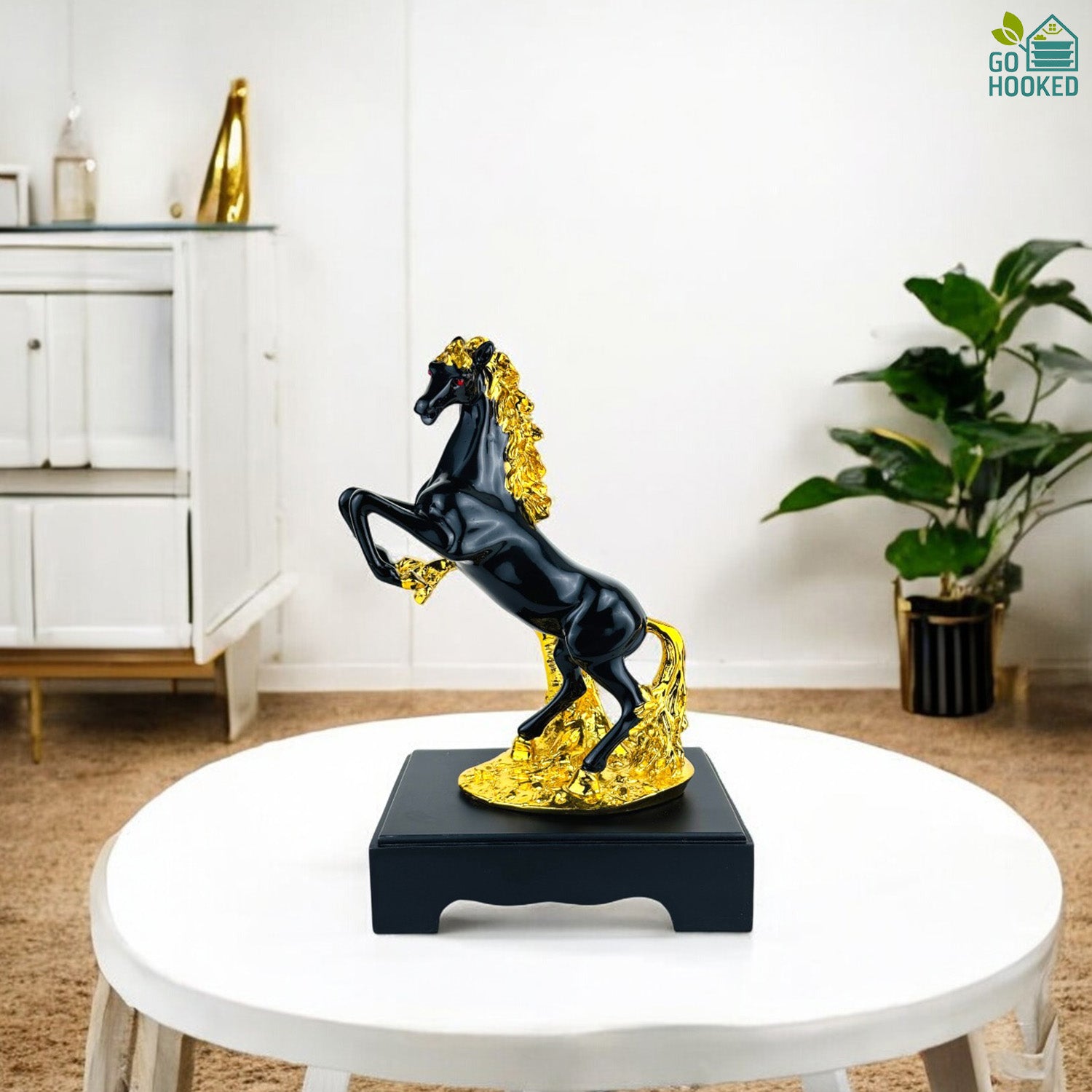 Go Hooked Rearing Horse Statue Feng Shui Victory & Success Polyresin Figurine with Gold Accents 30 Cm | Galloping Horse Vastu-Approved Stallion for Wealth, Career Growth Home Office Décor (Matt Black)