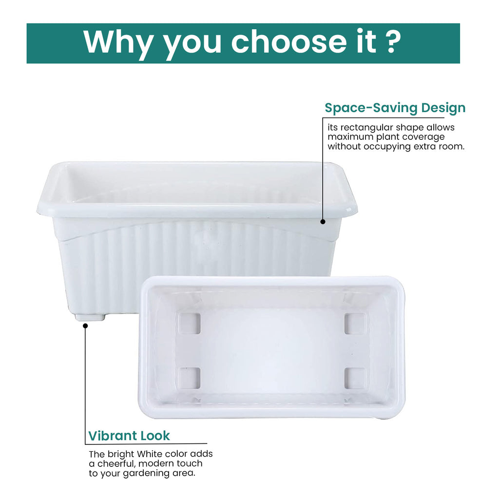 Go Hooked Rectangular Plastic Pots for Plants, Jupiter Flower Pots for Home, Window Display, Garden (Set of 5, White) (35 x 18.5 x 15 cm)