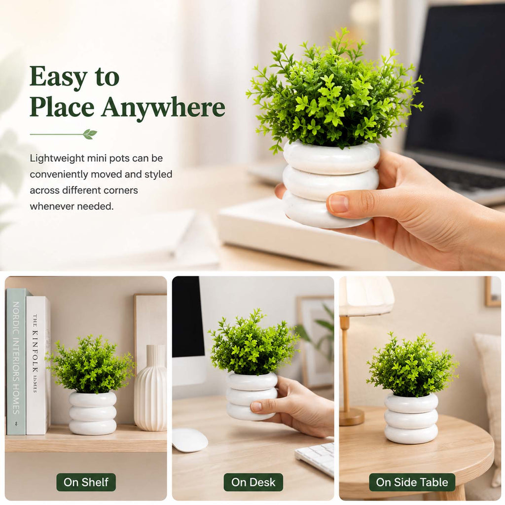 Bianco Artificial Mini Plant (7 Pack) | Small Faux Plants Home & Office Decor, Living Room, Bedroom, Tabletop & Shelves | Small Potted Plants | Stylish Round Pot