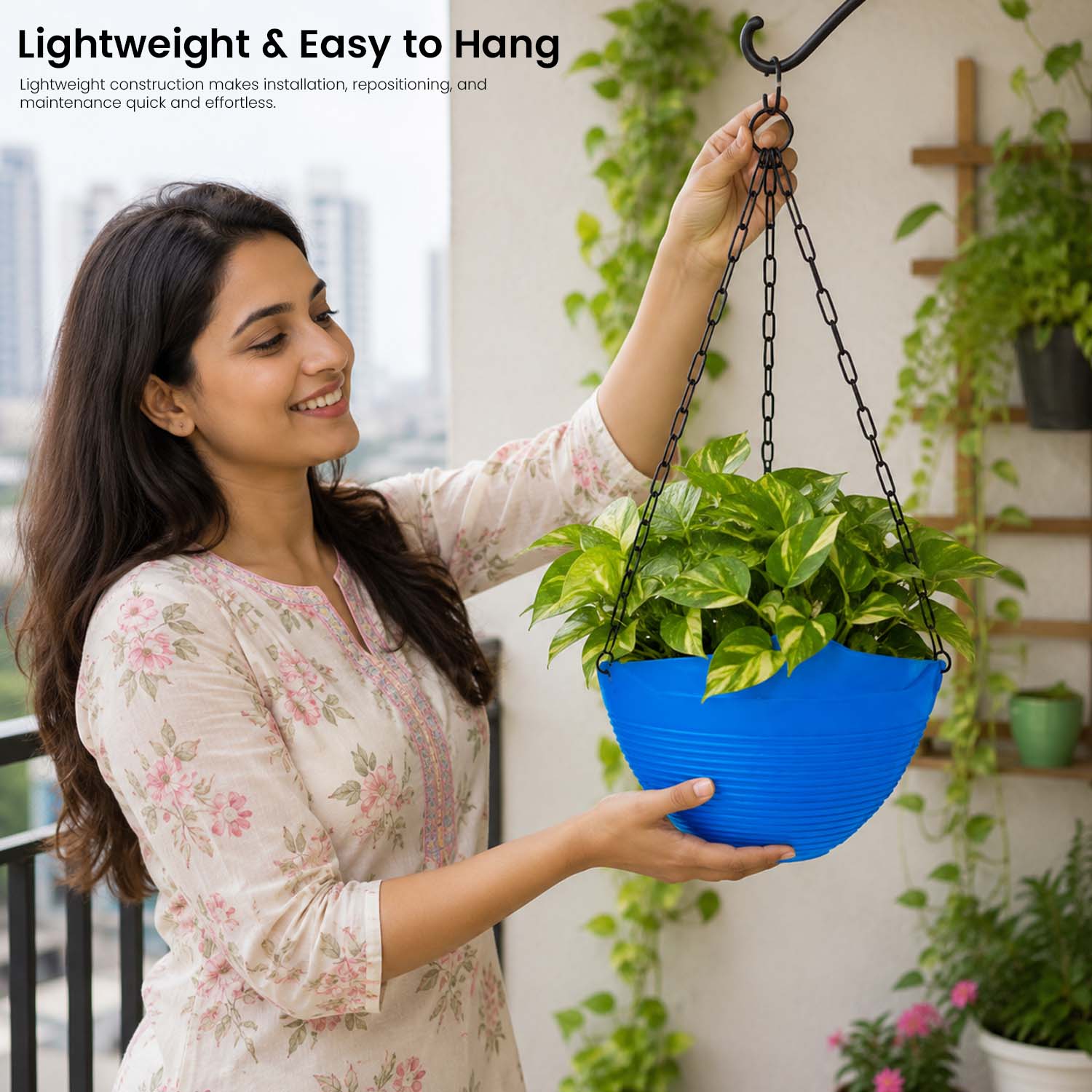 ViMe Plastic Marvel Hanging Pots, Hanging Planters with Metal Hanging Chain - Pack of 3 (7.3 Inch)