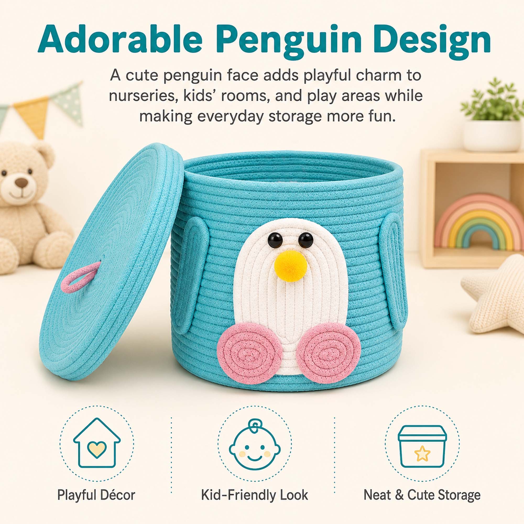 Go Hooked Cute Animal Face Rope Storage Basket with Lid for Kids | Premium Aqua Blue Cotton Rope Nursery Organizer for Toys, Baby Essentials, Bathroom & Home Décor | Soft & Durable Handcrafted Basket