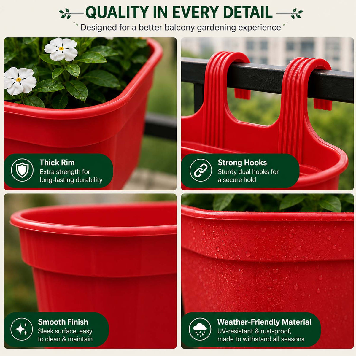 Go Hooked 12 Inch Plastic Railing Hanging Planter Pot  Rectangular Flower Pots with Double Hook for Garden Fence Balcony Indoor Outdoor Home Décor | Durable Plant Container