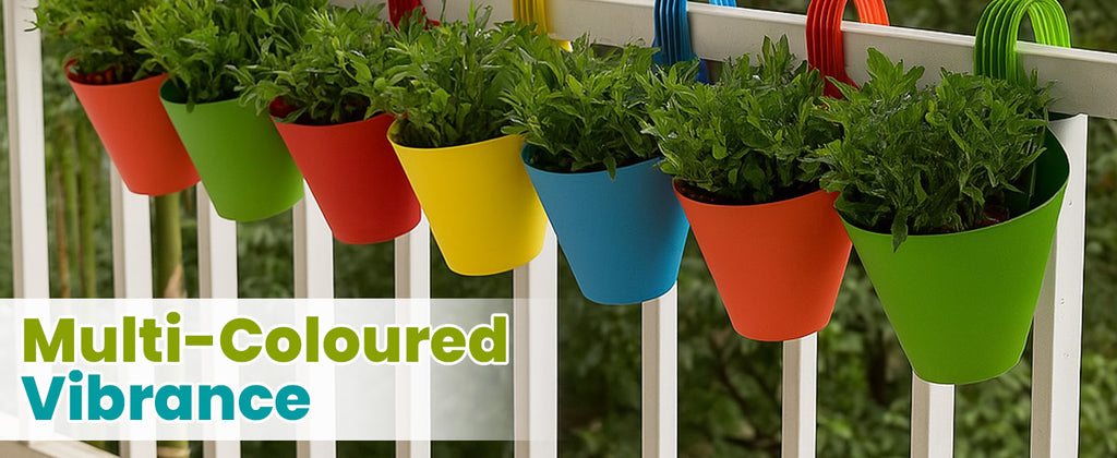 Go Hooked Double Hook Railing Planter |Hanging Flower Pot 12 Inches (Multicolor, Pack of 5)