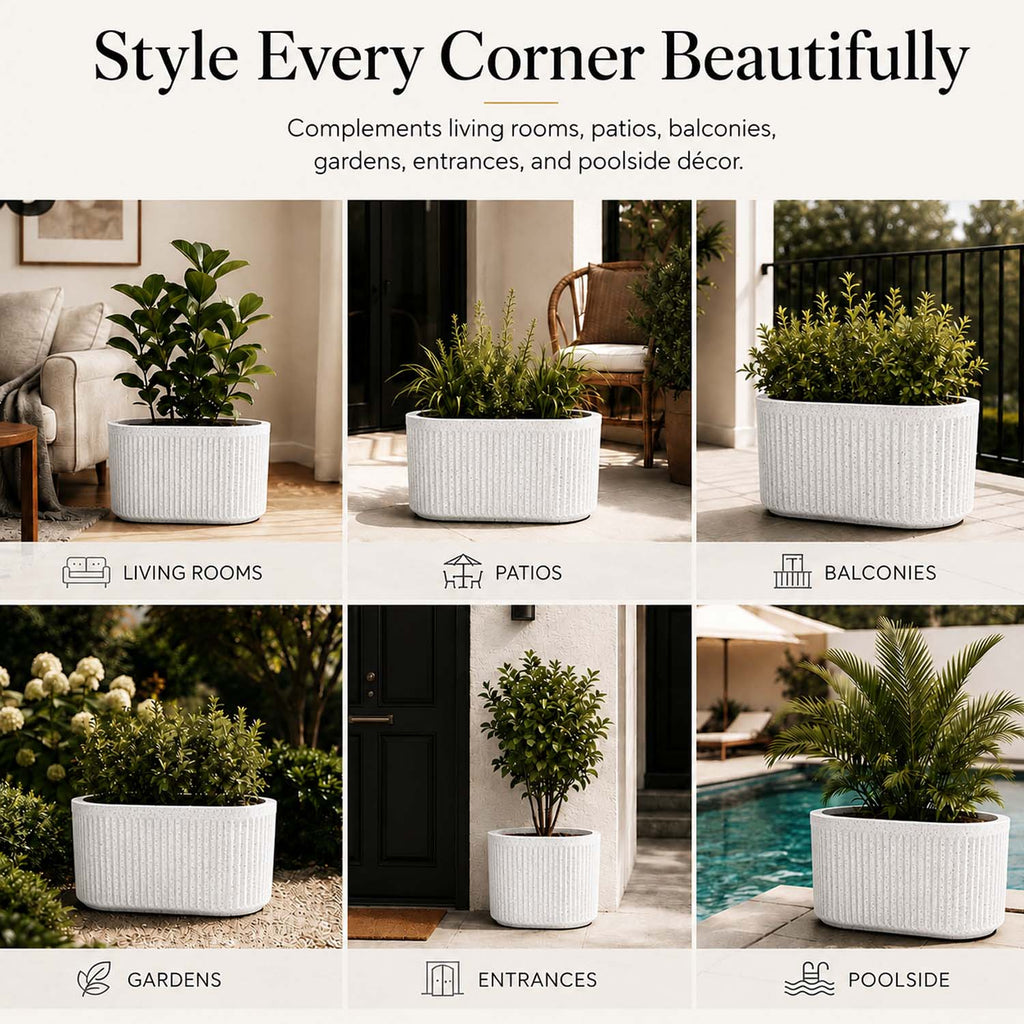 Go Hooked Large Oval Planter Pot (30x15) Inch | Aurelia Modern Ribbed Marble White Texture Finish | UV & Weather Resistant Decorative Floor Planter for Balcony, Patio, Terrace, Garden & Entrance
